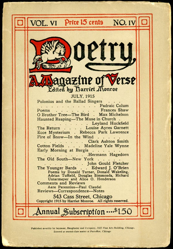 Item #16300 POETRY: A MAGAZINE OF VERSE. July, 1915 (Vol. 6, No. 4) Harriet Monroe, editor. Clark Ashton Smith.