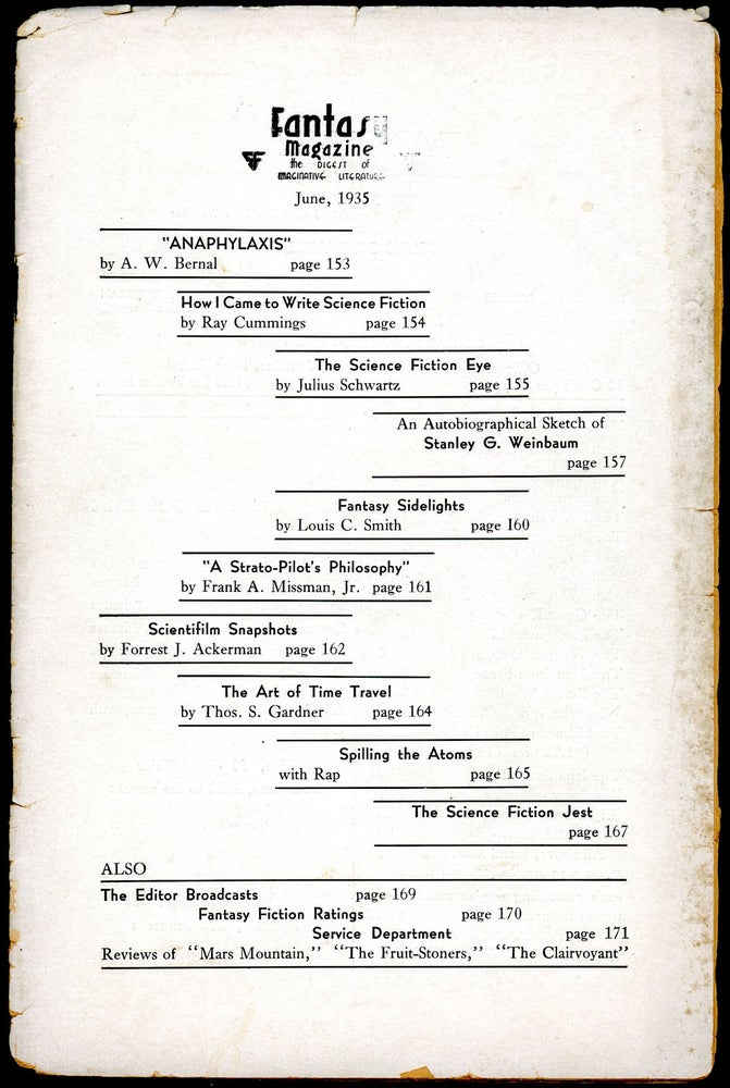 Item #20917 FANTASY MAGAZINE. FANTASY MAGAZINE. . June 1935 ., Julius Schwartz, number 1 volume 5, Whole number 31, formerly SCIENCE FICTION DIGEST.