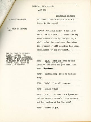 THE JACQUES KREISLER MANUFACTURING COMPANY PRESENTS "TALES OF TOMORROW" PROGRAM #1 "VERDICT FROM SPACE" ORIGINAL STORY AND TELEPLAY BY: THEODORE STURGEON. NETWORK: ABC-TV. TELECAST DATE: AUGUST 3, 1951 ...