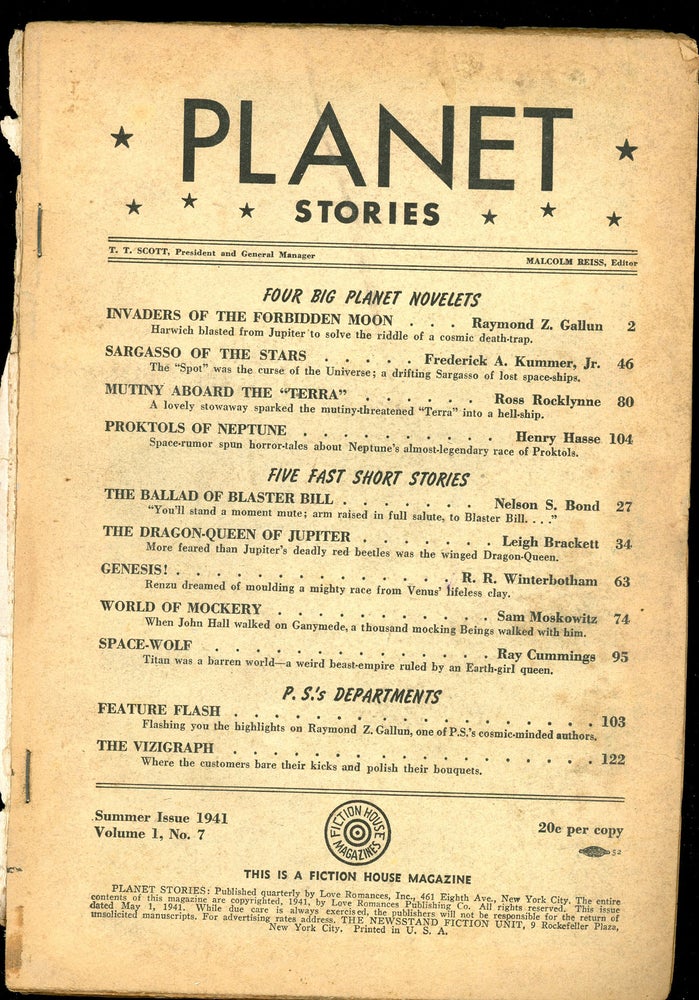Item #23842 PLANET STORIES. Ed PLANET STORIES. Summer 1941. . Malcolm Reiss, Number 7 Volume 1.